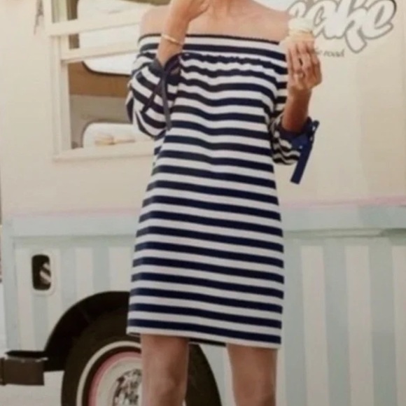 J.Crew Off Shoulder Nautical Stripe Dress | Bow Sleeve | 100% Cotton Size Large - Picture 1 of 7